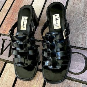 Vintage Maripe Black Leather Block Heel 90s Sandals Size 7.5 7 1/2